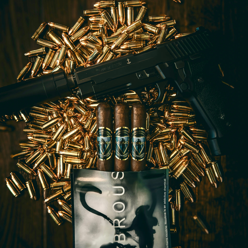 SIG P226, Supressor, 9mm bullets, and Tenebrous Aequor cigars on a reflective surface with a dark background